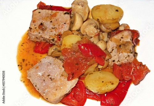 Ruasted pork meat with vegetables photo