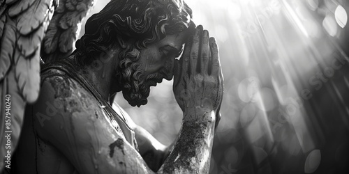 A sculpture of an angel with its hands covering its face, conveying sadness or despair