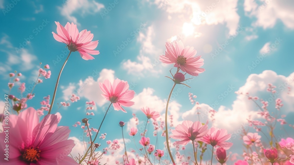 Naklejka premium Pink Cosmos Flowers Blooming in a Sunny Meadow
