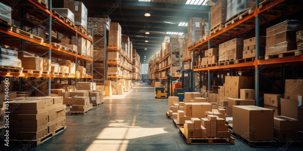 Warehouse of goods with packed cardboard boxes for delivery. Warehouse of goods with packed cardboard boxes for delivery.