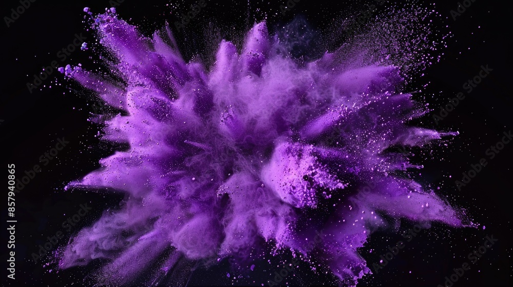 A vibrant explosion of purple powder suspended in mid-air against a dark black background A vibrant explosion of purple powder suspended in mid-air against a dark black background