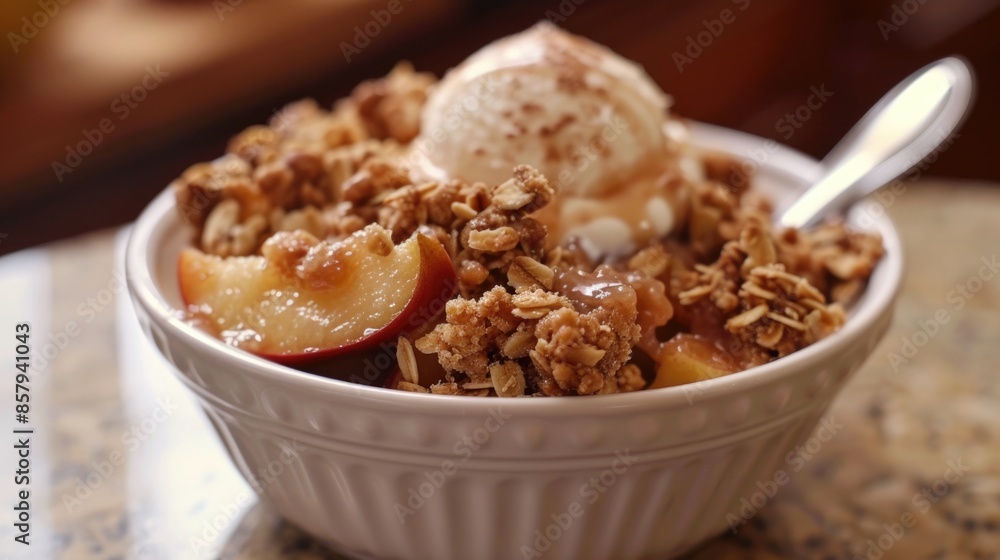 Delicious Apple Crisp with Vanilla Ice Cream in Glass Bowl Delicious Apple Crisp with Vanilla Ice Cream in Glass Bowl