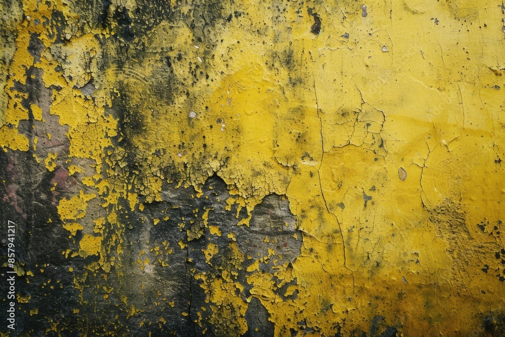 A worn-out exterior wall with yellow and black stripes, showing signs of wear and tear A worn-out exterior wall with yellow and black stripes, showing signs of wear and tear