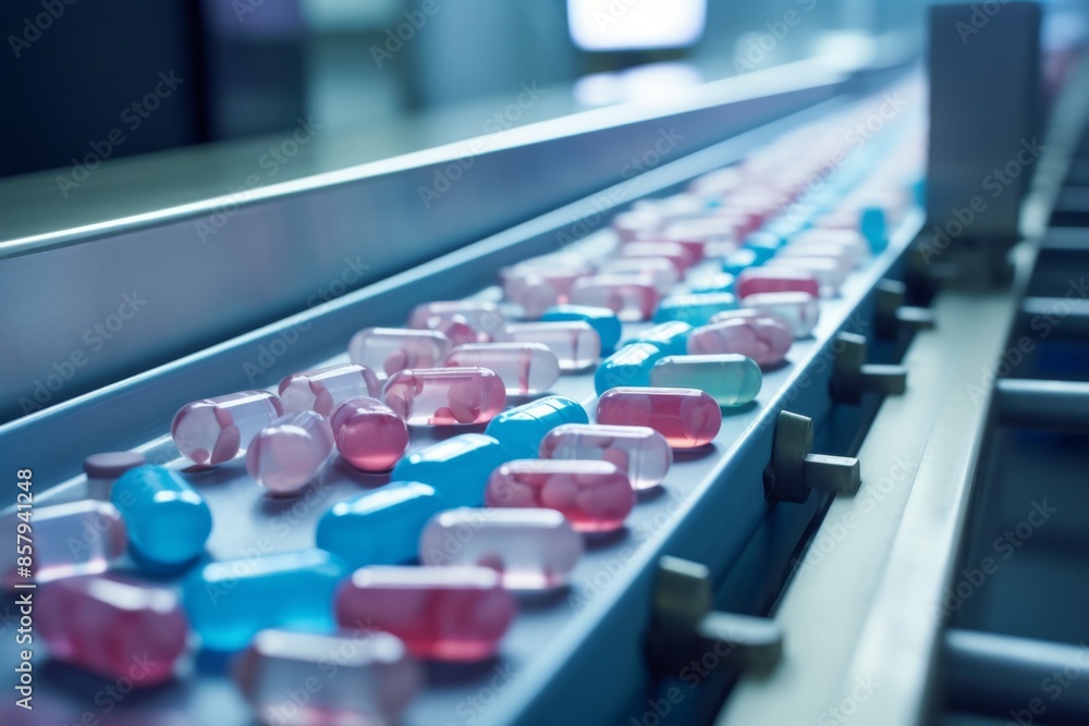 Fototapeta premium Automated Pharmaceutical Production Line with Pink and Blue Capsules