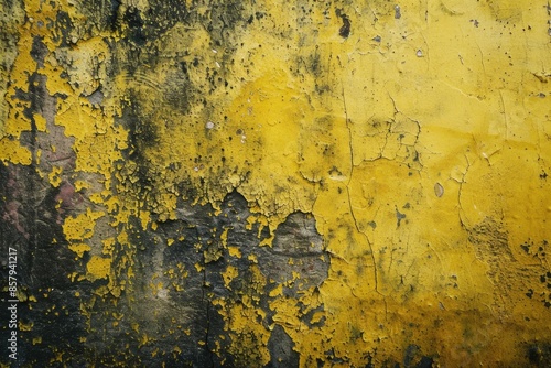 A worn-out exterior wall with yellow and black stripes, showing signs of wear and tear