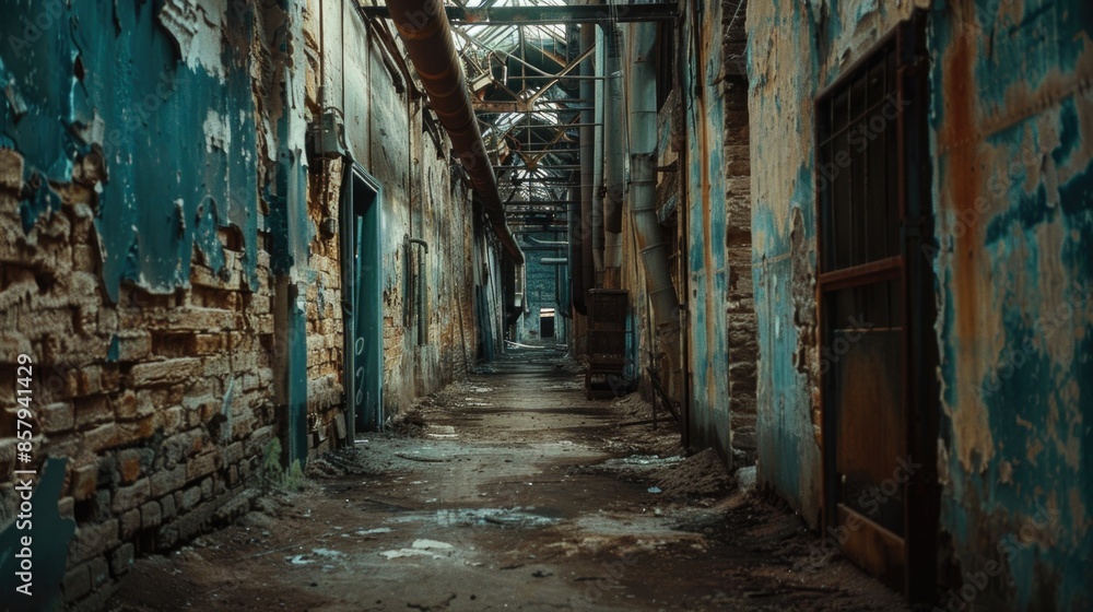 Fototapeta premium A dark and narrow alley in an old building with peeling paint
