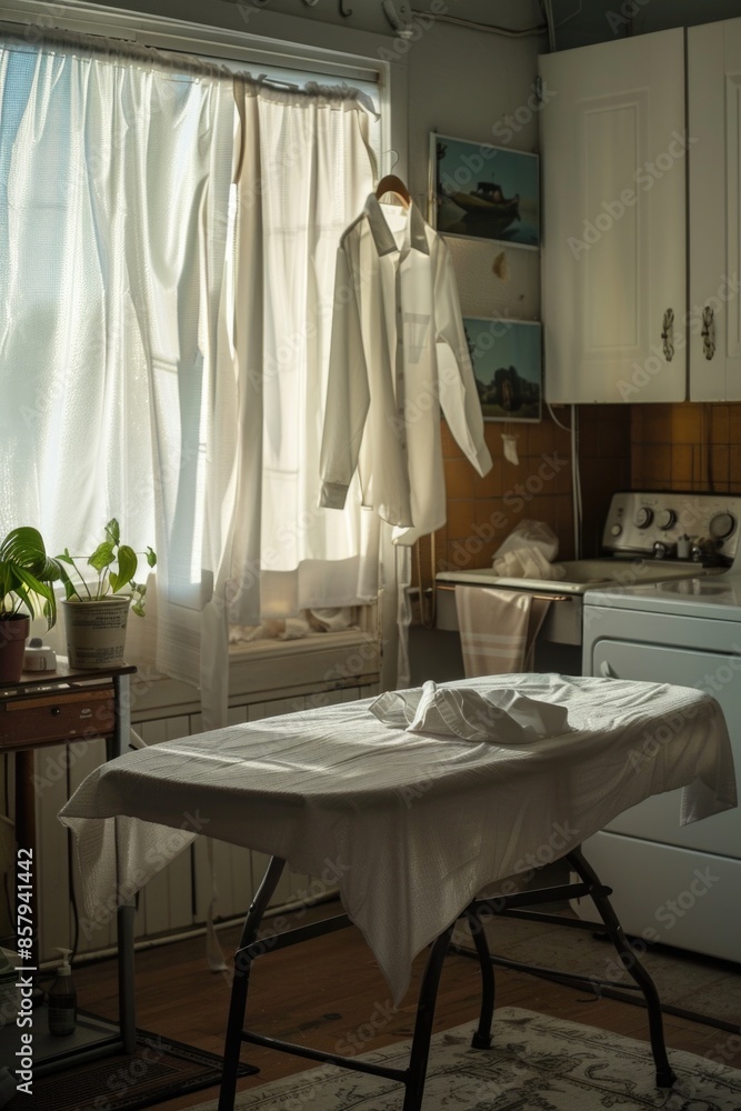 Ironing board in a kitchen setting, perfect for everyday use or display Ironing board in a kitchen setting, perfect for everyday use or display