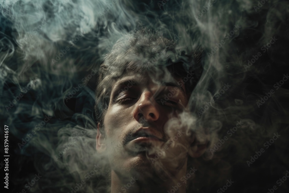 A person smoking a cigarette with visible smoke, useful for illustrations about vices or everyday life scenes A person smoking a cigarette with visible smoke, useful for illustrations about vices or everyday life scenes