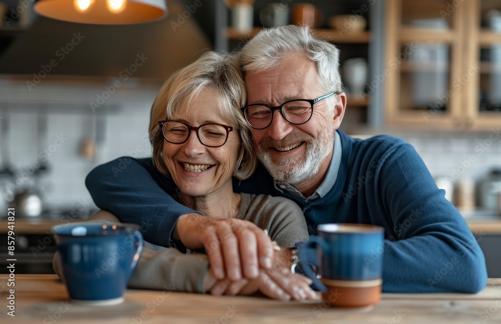 Smiling Senior Couple Enjoying Coffee Together In Their Home Kitchen Smiling Senior Couple Enjoying Coffee Together In Their Home Kitchen