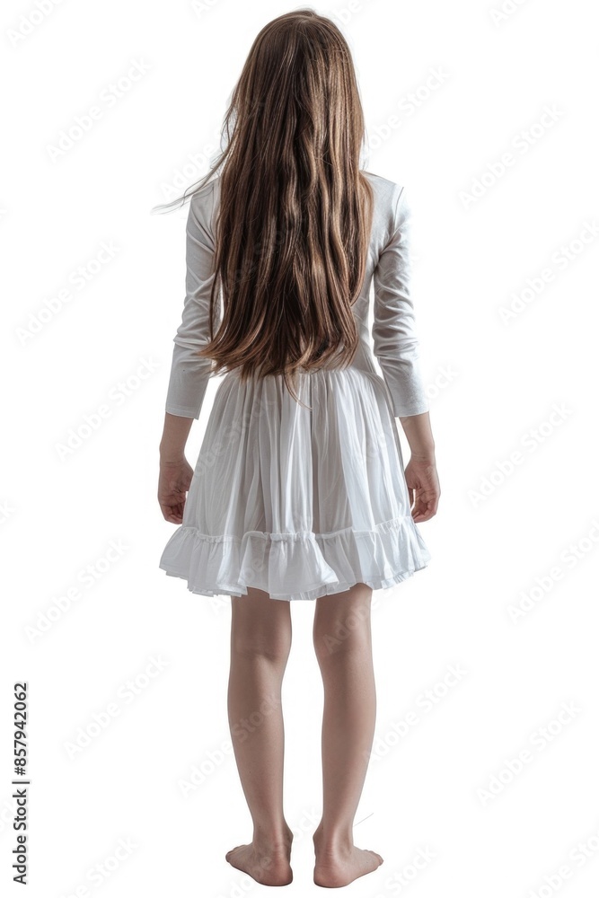 A young child dressed in white stands alone, possibly waiting or lost A young child dressed in white stands alone, possibly waiting or lost