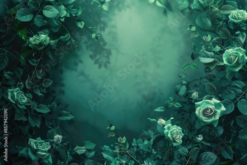 Fototapeta Naklejka Na Ścianę i Meble -  A beautiful arrangement of green roses and leaves forming a wreath