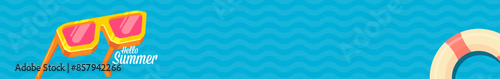 Super Hello summer wide banner with text and retro yellow sunglasses isolated on blue water wide background. Hello summer wide design template with cartoon sunglasses, beach, water pool , summer vibe