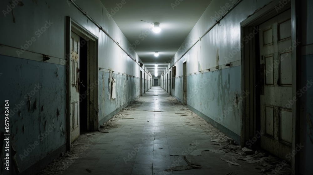 Empty boarded corridor in hospital. Empty boarded corridor in hospital.
