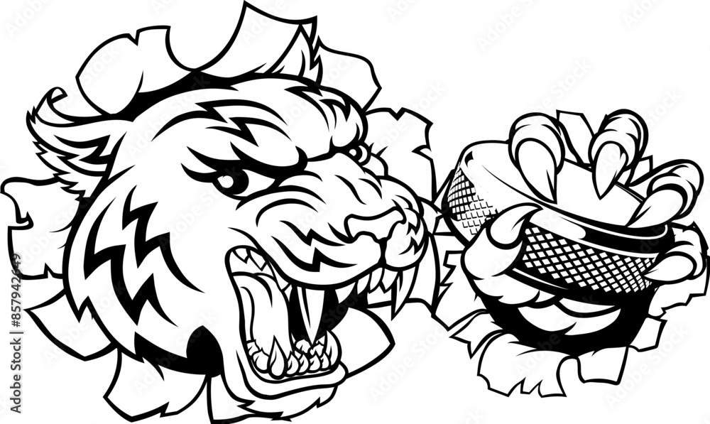 A tiger ice hockey player animal sports mascot holding a puck A tiger ice hockey player animal sports mascot holding a puck