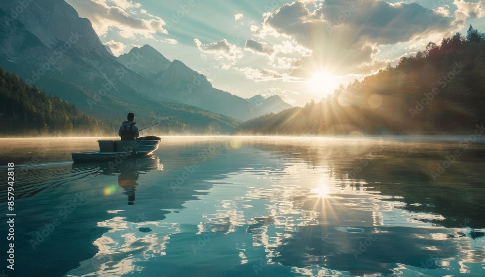 A man fishing from a boat on a calm lake with the bright sun shining and the surrounding mountains reflecting off the water. A man fishing from a boat on a calm lake with the bright sun shining and the surrounding mountains reflecting off the water.