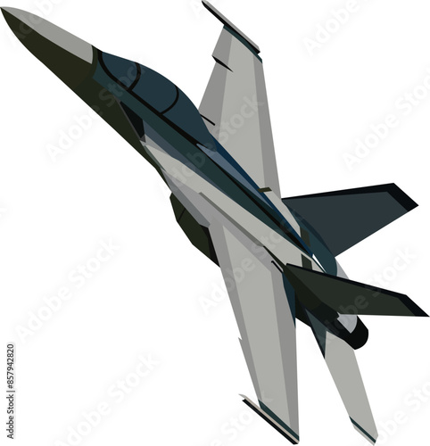 vector image of a black and gray f-18 fighter jet maneuvering from the front