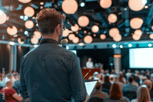 A man giving a keynote speech at a business seminar,