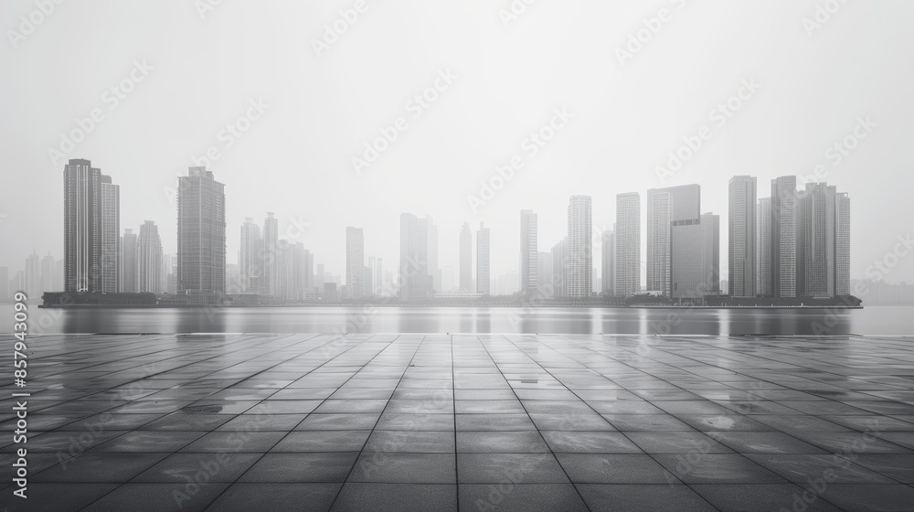 A foggy cityscape with a reflective paved foreground. The tall buildings are shrouded in mist, creating a sense of mystery and isolation. A foggy cityscape with a reflective paved foreground. The tall buildings are shrouded in mist, creating a sense of mystery and isolation.