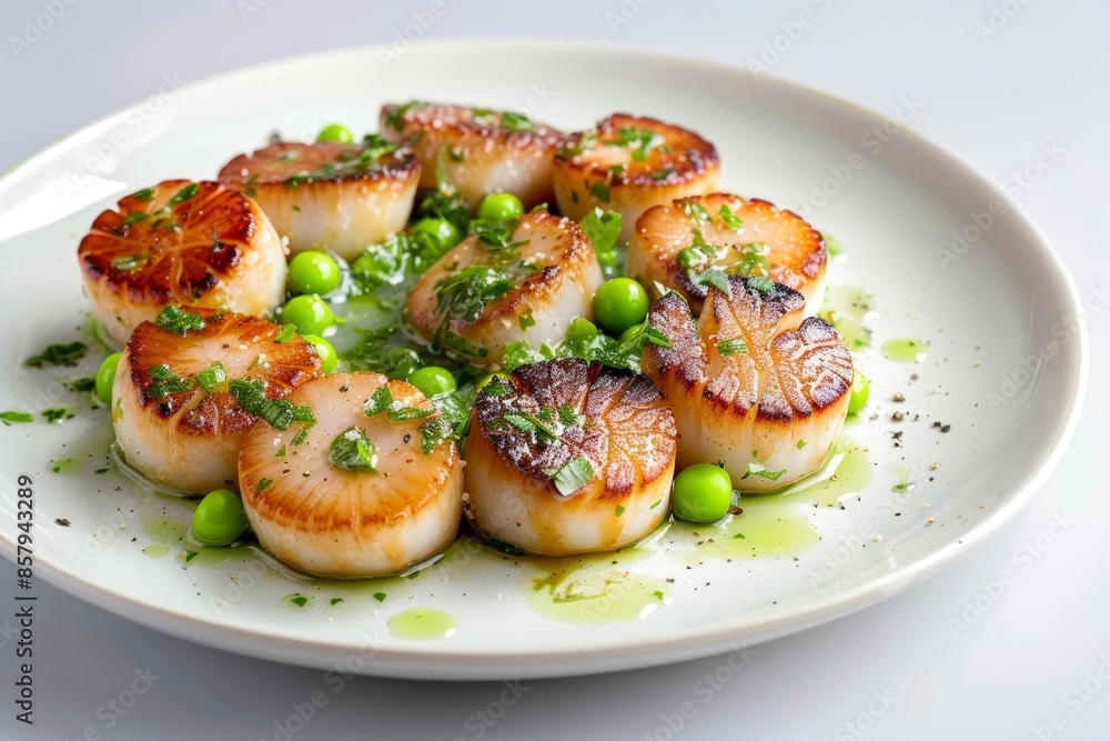 Golden Brown Caramelized Scallops with Vibrant Green Pea Vinaigrette Golden Brown Caramelized Scallops with Vibrant Green Pea Vinaigrette