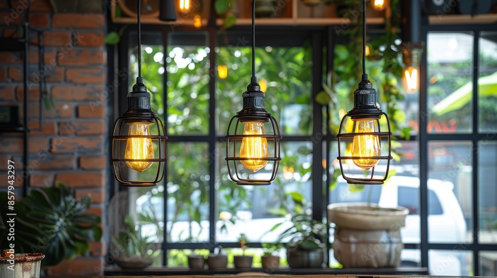 Obraz premium Three Edison Bulbs Hanging in a Cafe