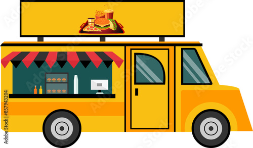 vector image. yellow mobile food truck complete with banner burger, coffee and monitor