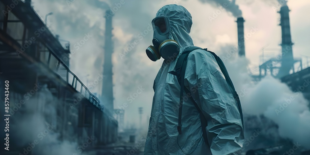 Individual in hazmat suit observing smoke emissions from factory ...