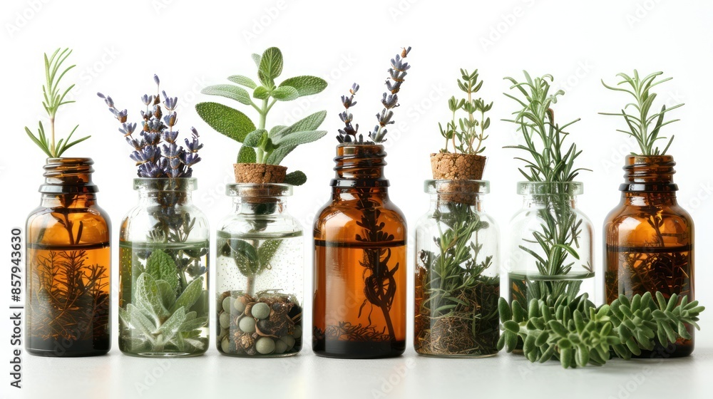 Assortment of Essential Oils in Glass Bottles with Herbs Assortment of Essential Oils in Glass Bottles with Herbs