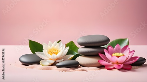 Zen stones, velvet sand and lotus flower on pink background witn copy space, wellness and harmony, massage and bodycare, spa and wellness concept