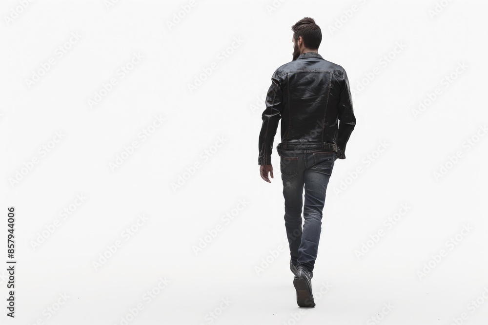 A person wearing a leather jacket walks down the street A person wearing a leather jacket walks down the street