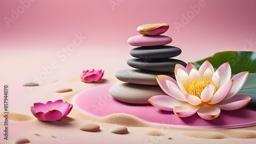 Zen stones, velvet sand and lotus flower on pink background witn copy space, wellness and harmony, massage and bodycare, spa and wellness concept