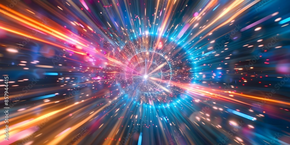 Fototapeta premium Convergence of Colorful Light Streaks at the Event Horizon in Hyperspace. Concept Hyperspace Photography, Light Streaks, Event Horizon, Colorful Convergence, Space Exploration
