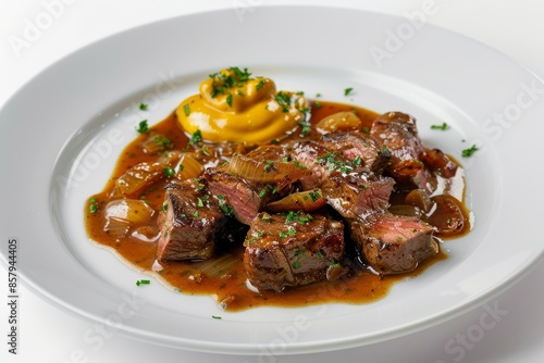 Classic Belgian Beef Stew with Dark Beer-infused Gravy and Caramelized Onions in Rustic Bowl