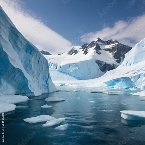 Against a backdrop of towering icebergs, a glacier stretches as far as the eye can see, its icy blue hues captivating the imagination and evoking a sense of wonder.