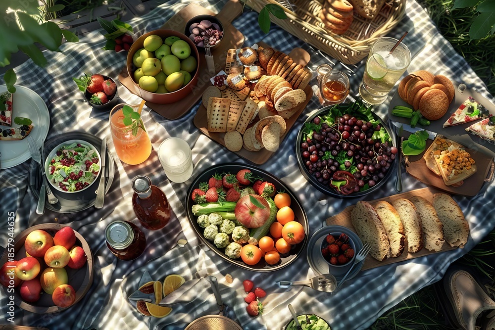 A photorealistic digital artwork showcasing a mesmerizing birdseye view of a beautifully arranged whole food picnic spread A photorealistic digital artwork showcasing a mesmerizing birdseye view of a beautifully arranged whole food picnic spread