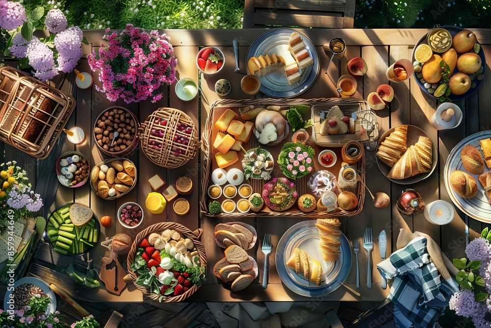 A photorealistic digital artwork showcasing a mesmerizing birdseye view of a beautifully arranged whole food picnic spread, complete with an assortment of organic snacks and refres A photorealistic digital artwork showcasing a mesmerizing birdseye view of a beautifully arranged whole food picnic spread, complete with an assortment of organic snacks and refres