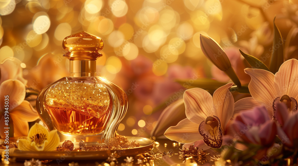 A glamorous, gold perfume bottle with a shimmering finish, containing a rich, floral-woody fragrance A glamorous, gold perfume bottle with a shimmering finish, containing a rich, floral-woody fragrance