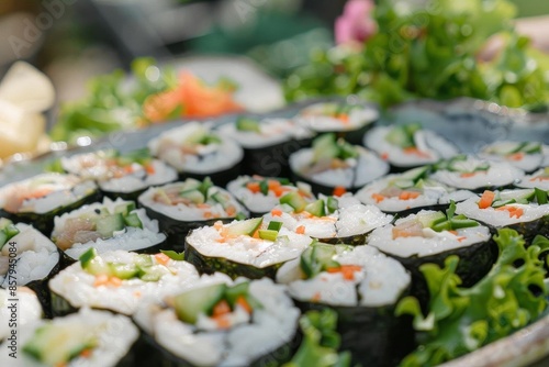 A plate of sushi rolls with fresh fish and vegetables photo