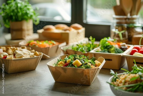 Discover the pleasure of organic takeout meals served in eco-friendly paper containers Perfect for those who cherish sustainability without compromising on taste and convenience photo