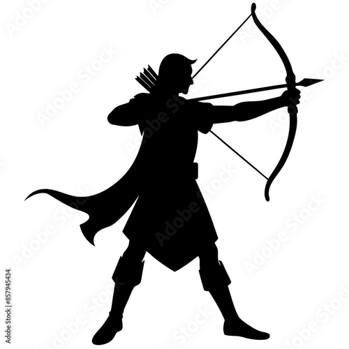 One Archer Silhouette with Bow and Arrow Vector Illustration