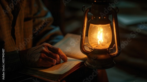 A person holds a book and a lantern in a quiet, peaceful setting