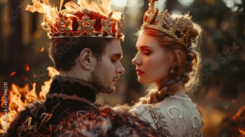 A pair of people dressed in medieval clothing, possibly reenactors or cosplayers photo