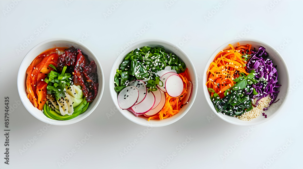 A selection of freshly made fast food vegan smoothie bowls with vibrant colors and fresh ingredients A selection of freshly made fast food vegan smoothie bowls with vibrant colors and fresh ingredients