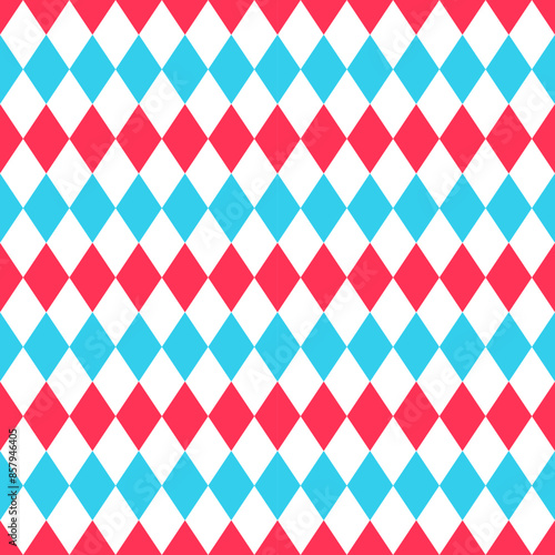Modern argyle seamless pattern. Harlequin lozenge backgrounds. Circus geometric backdrops. Checkered diamond textures. Red blue rhombus plaid prints. Vector illustration.