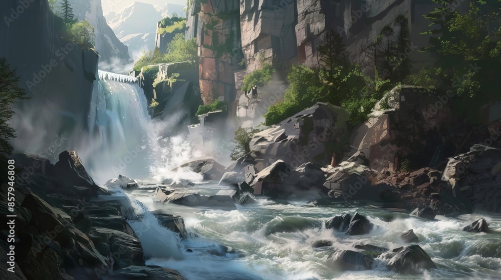 A river rushing through a canyon, with white water rapids creating a sense of adventure The canyon walls tower above, creating a dramatic backdrop. A river rushing through a canyon, with white water rapids creating a sense of adventure The canyon walls tower above, creating a dramatic backdrop.