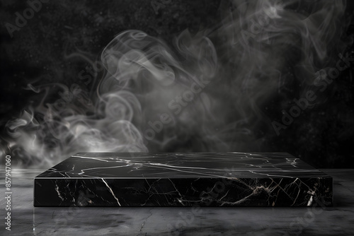 Black marble table top with a dark background for product display montage