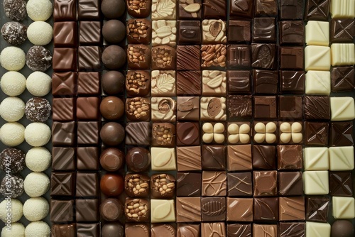 A selection of different types of chocolates arranged neatly,