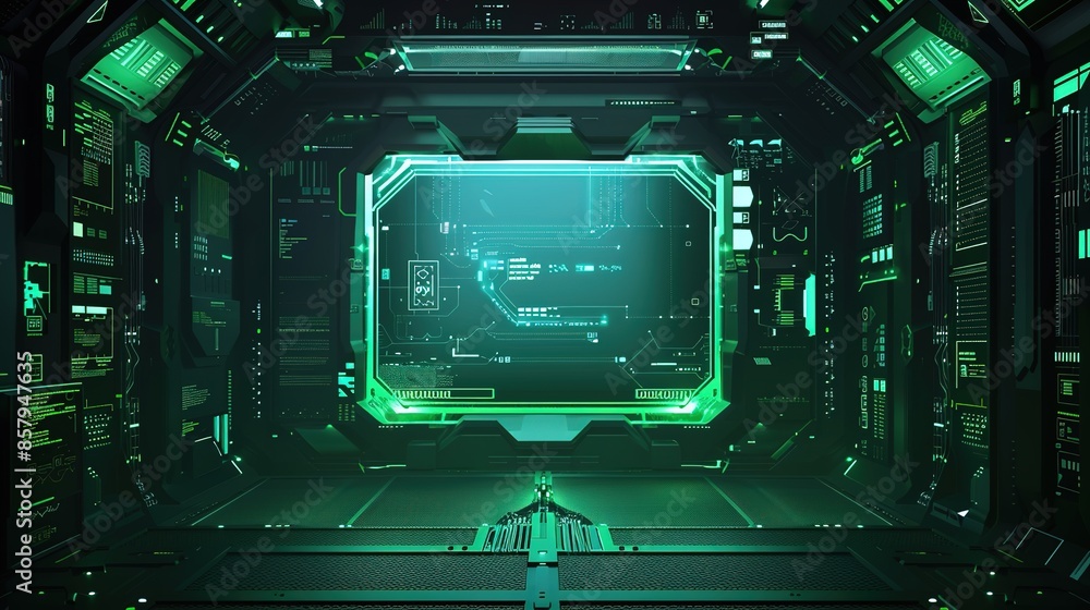 Fototapeta premium Green Technology Background with Virtual Screen Frame: Game Interface Design Template