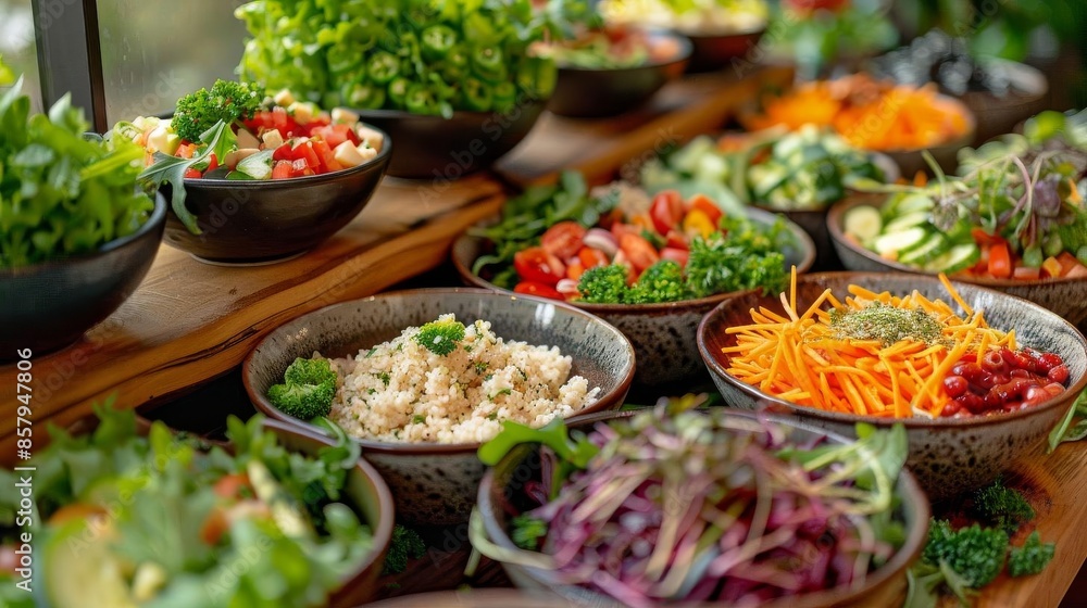 Fototapeta premium A selection of fresh salads in bowls with various ingredients,