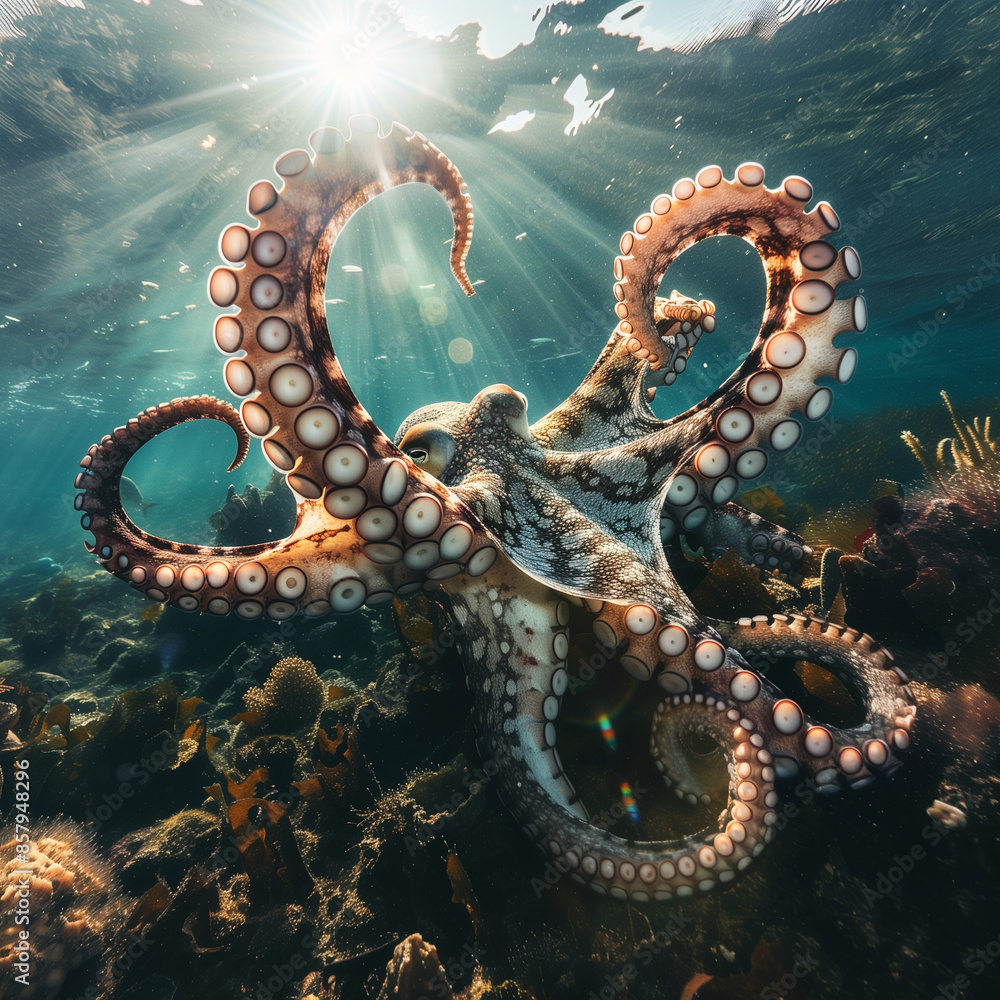Octopus in Sunlit Underwater Coral Reef Octopus in Sunlit Underwater Coral Reef