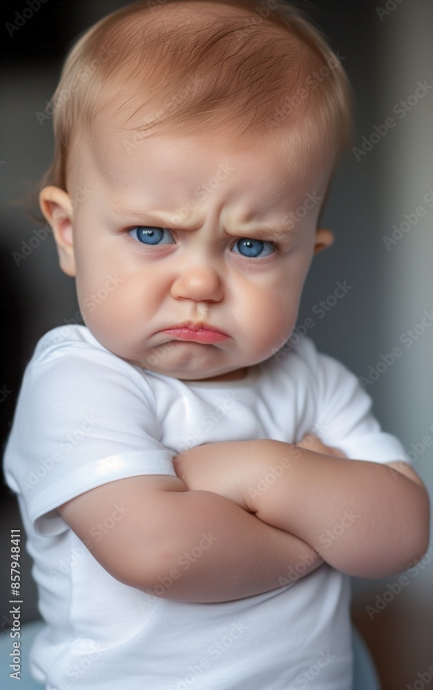 Grumpy Baby with Angry Expression and Crossed Arms in White T Shirt. Grumpy Baby with Angry Expression and Crossed Arms in White T Shirt.